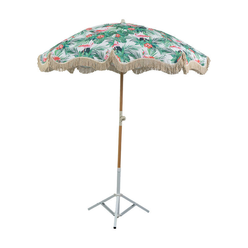 Tropical Wooden Beach Umbrella with Fringe Edge for Resort and Boutique Outdoor Spaces