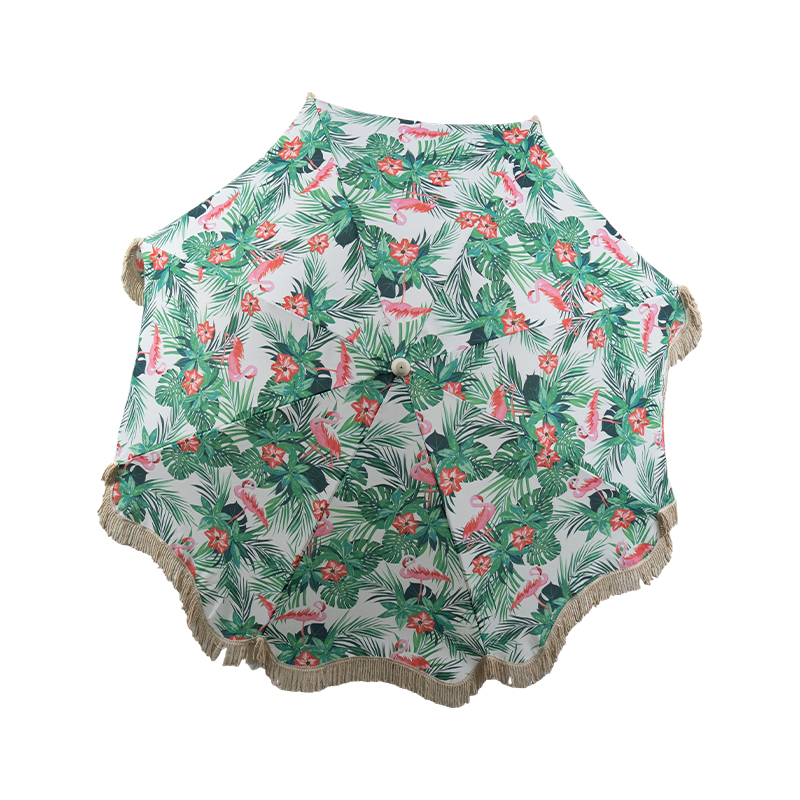 Tropical Wooden Beach Umbrella with Fringe Edge for Resort and Boutique Outdoor Spaces