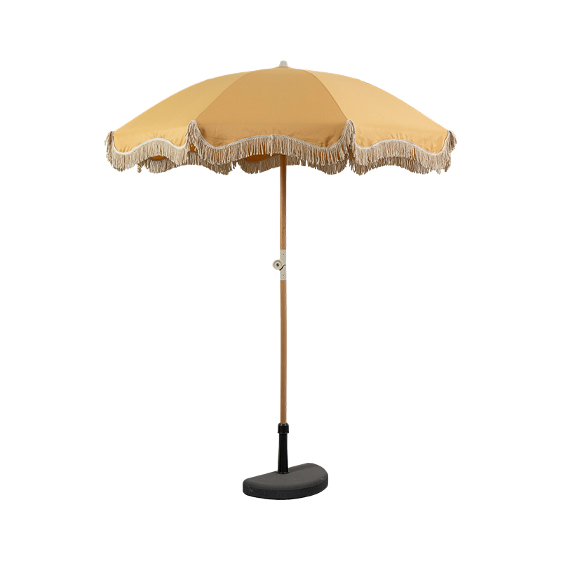 Tropical Wooden Beach Umbrella with Fringe Edge for Resort and Boutique Outdoor Spaces