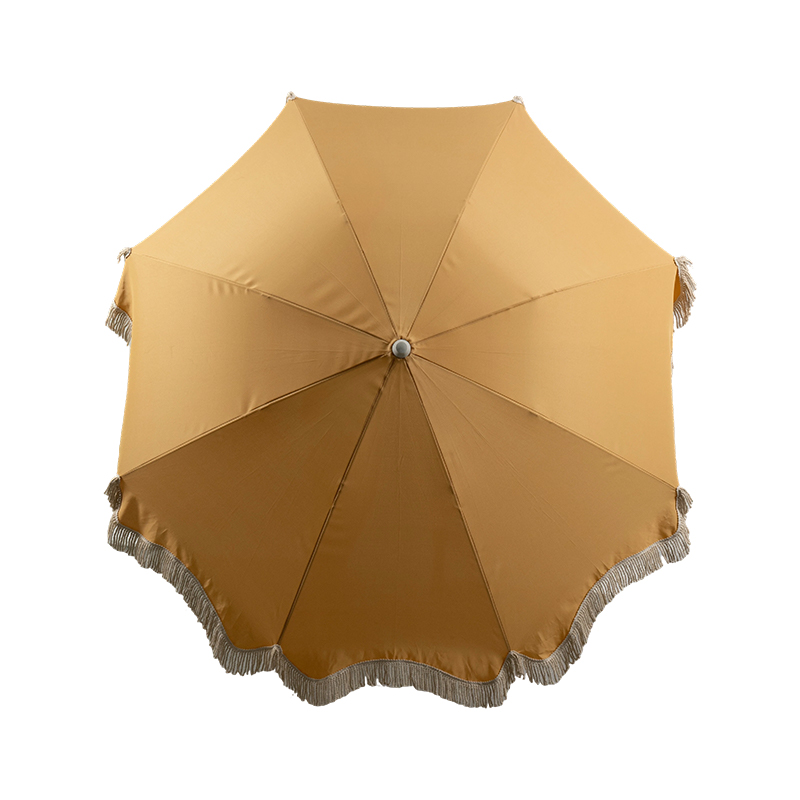 Tropical Wooden Beach Umbrella with Fringe Edge for Resort and Boutique Outdoor Spaces