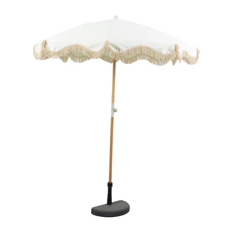 Tropical Wooden Beach Umbrella with Fringe Edge for Resort and Boutique Outdoor Spaces