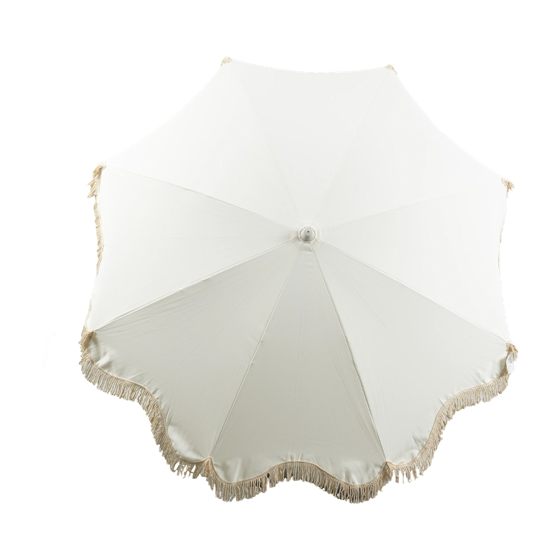 Tropical Wooden Beach Umbrella with Fringe Edge for Resort and Boutique Outdoor Spaces