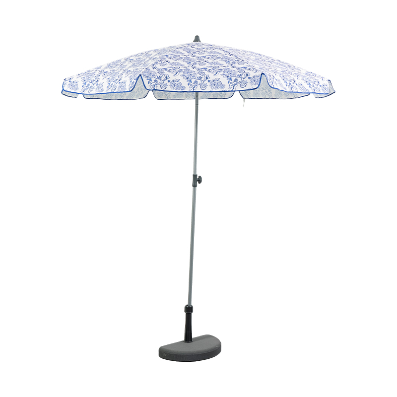 Blue Floral Pattern Steel Beach Umbrella with Adjustable Pole