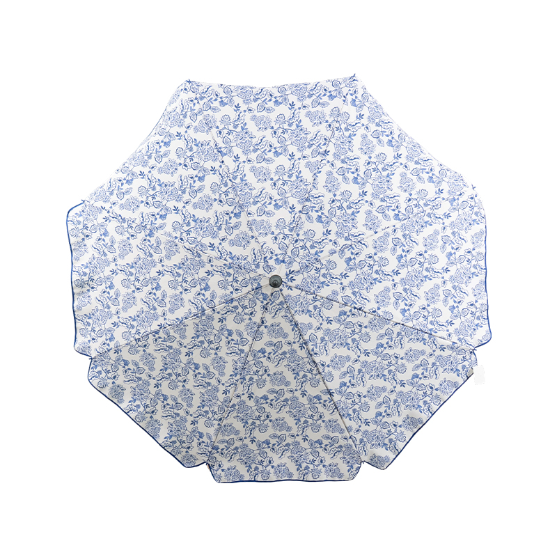 Blue Floral Pattern Steel Beach Umbrella with Adjustable Pole