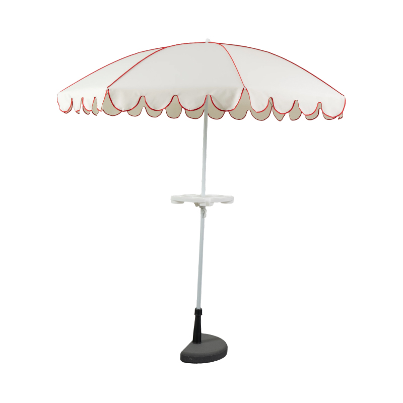 Steel Beach Umbrella with Side Table Attachment & Decorative Scalloped Canopy for Resort Outdoor Spaces