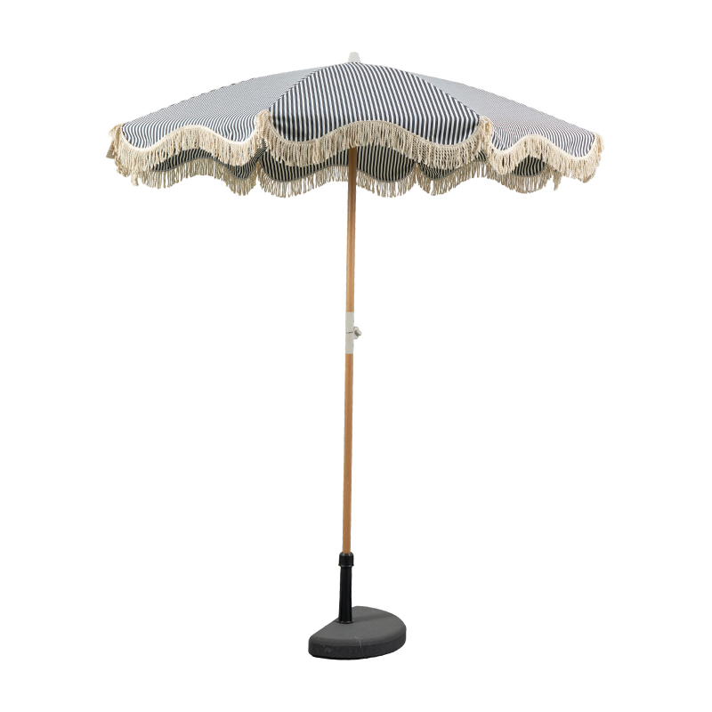 Tropical Wooden Beach Umbrella with Fringe Edge for Resort and Boutique Outdoor Spaces