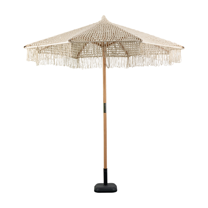 Handwoven Boho Wooden Patio Umbrella with Fringe Canopy for Resort and Luxury Outdoor Spaces