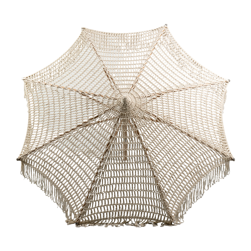 Handwoven Boho Wooden Patio Umbrella with Fringe Canopy for Resort and Luxury Outdoor Spaces